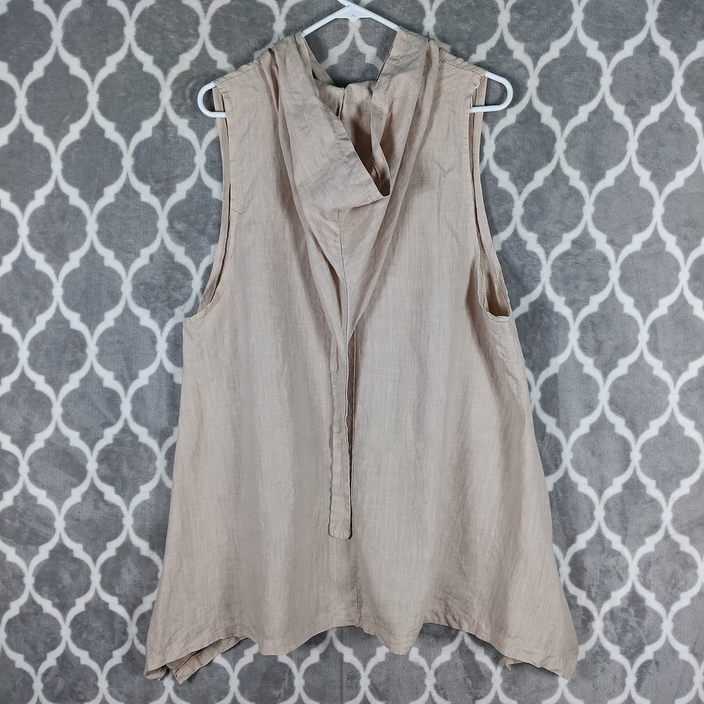 Enzo Miccico Tunic Top Women XL Beige Linen Asymmetrical Sleeveless Hooded ITALY - Picture 2 of 8